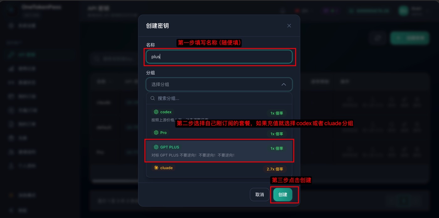 填写 API Key 名称和分组页面截图