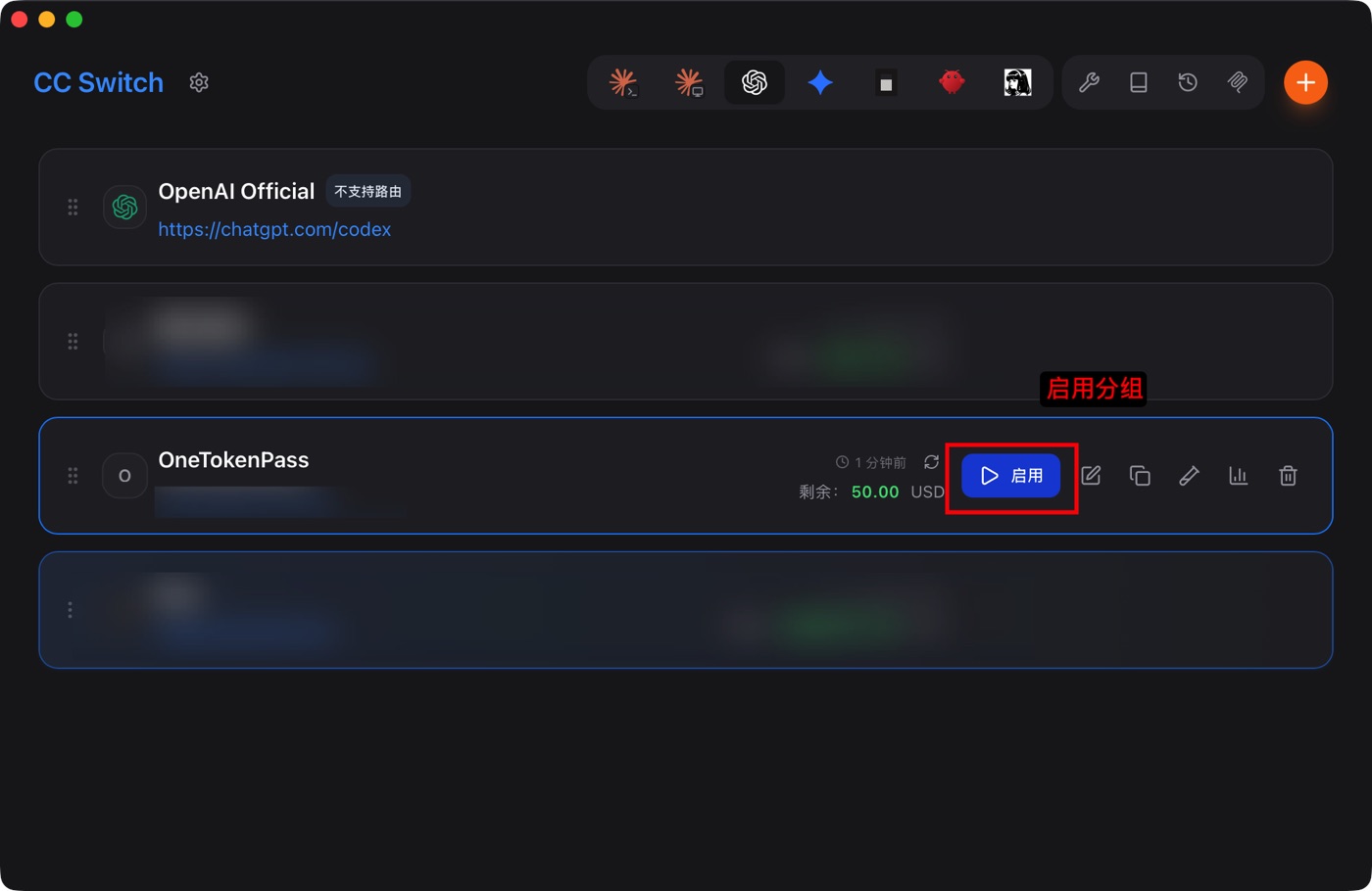 在 CC Switch 中启用 API Key 的截图